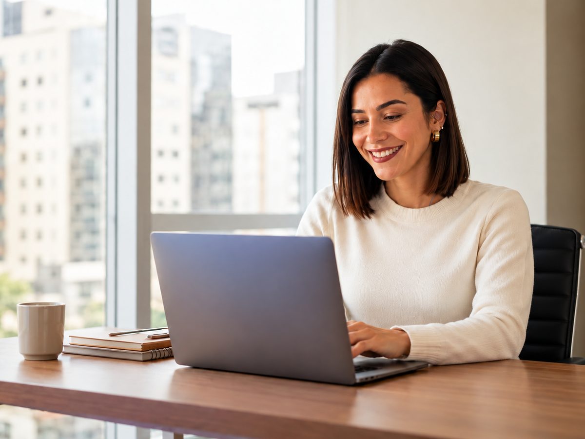 Advogada solicitando uma diligência pelo notebook